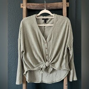 Olive and White Striped Button-Down Tie front sweater cardigan Size S